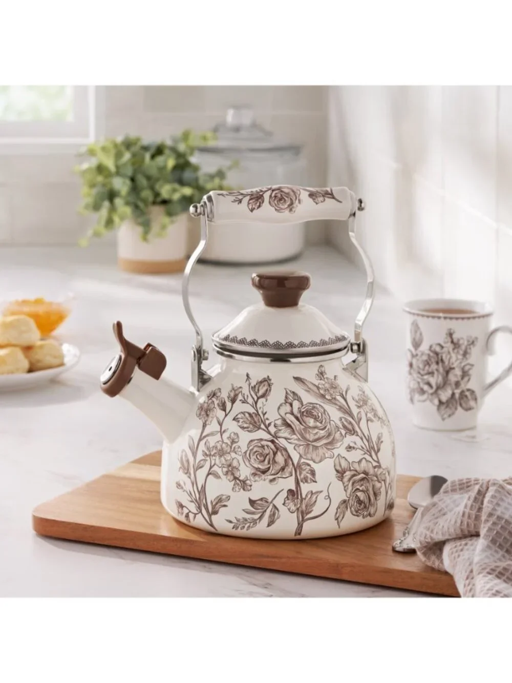 The Pioneer Woman Brown Enamel on Steel Agatha 2.0-Quart Whistling Tea Kettle
